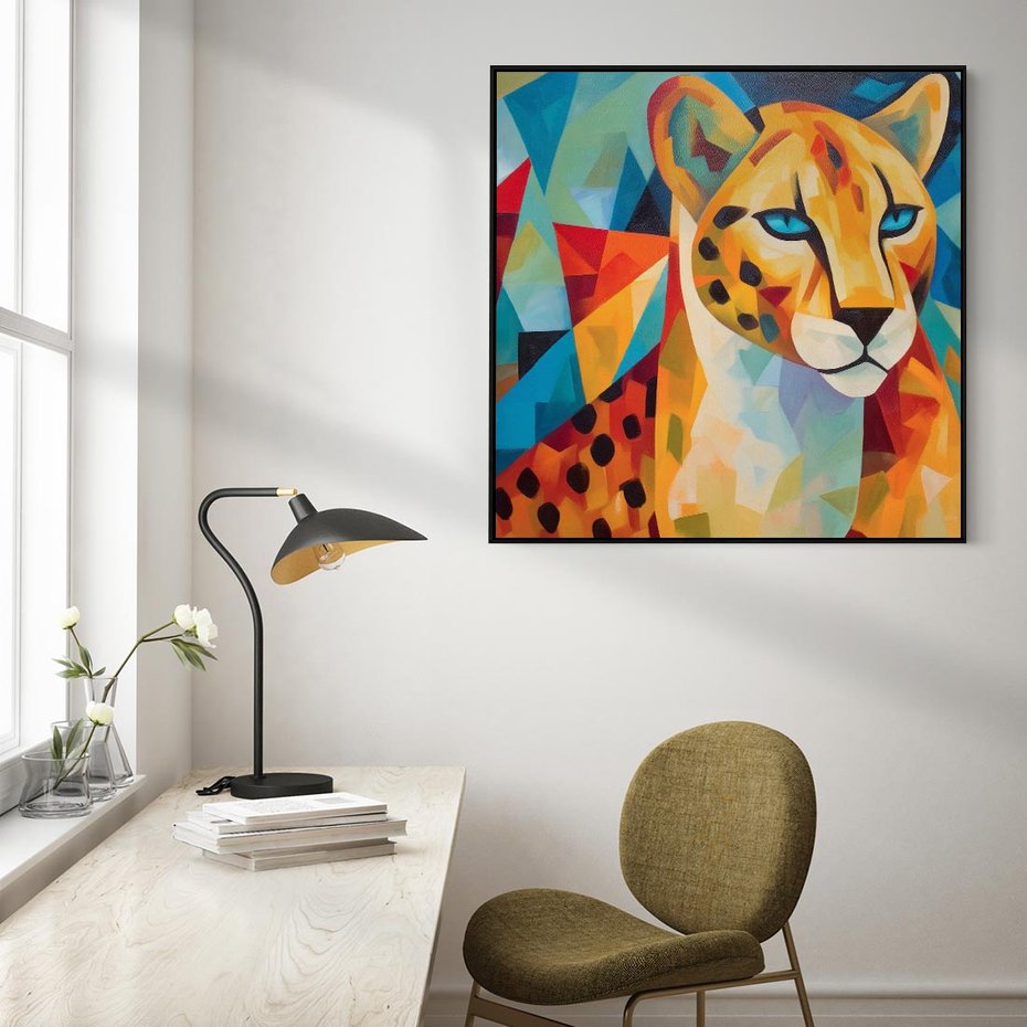 Obraz w ramie 50x50 - Dzikie Piękno - abstrakcyjny portret geparda, intensywne kolory - rama czarna