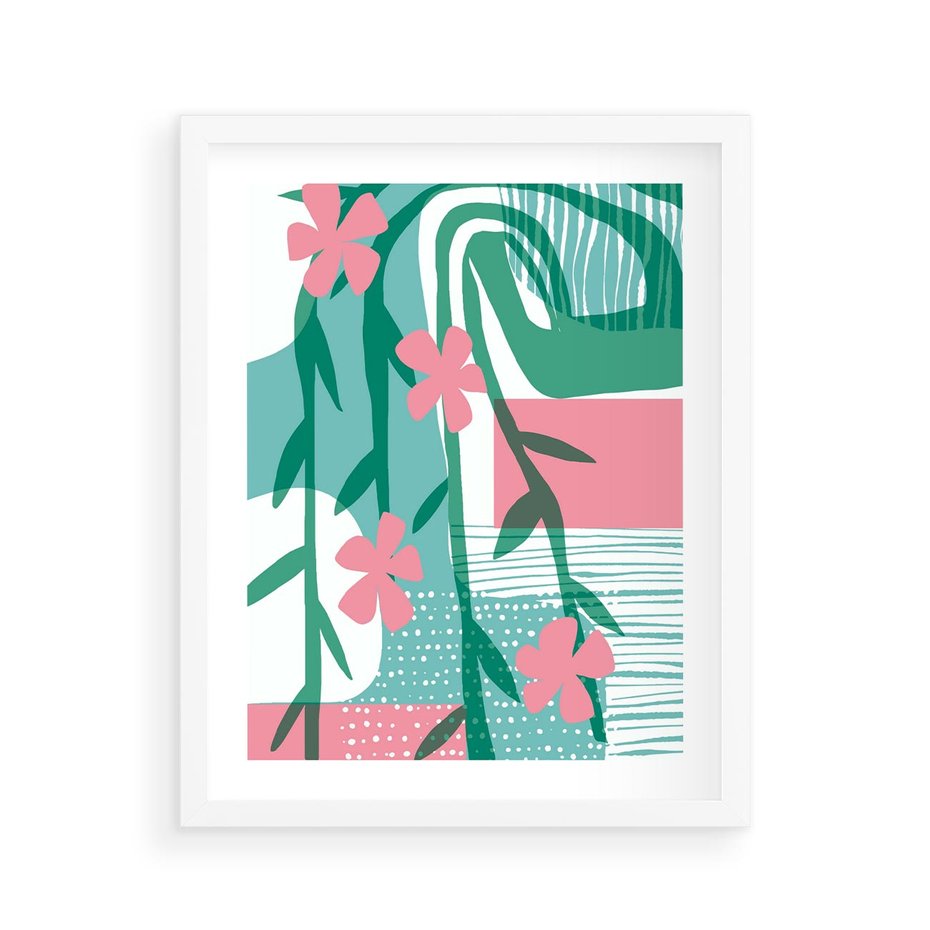 Plakat w ramie 40x50 - Rozkwitające Harmonie Form - abstrakcyjne pastelowe kwiaty, nowoczesna sztuka - rama biała