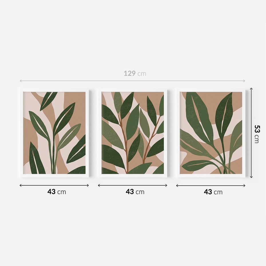 Zestaw obrazy w ramie 40x50 galeria - Liście, graficzne, boho - rama biała