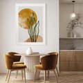 Plakat bez ramy 50x70 - Światło Natury: Graficzne Liście i Złote Słońce - grafika, graficzne liście