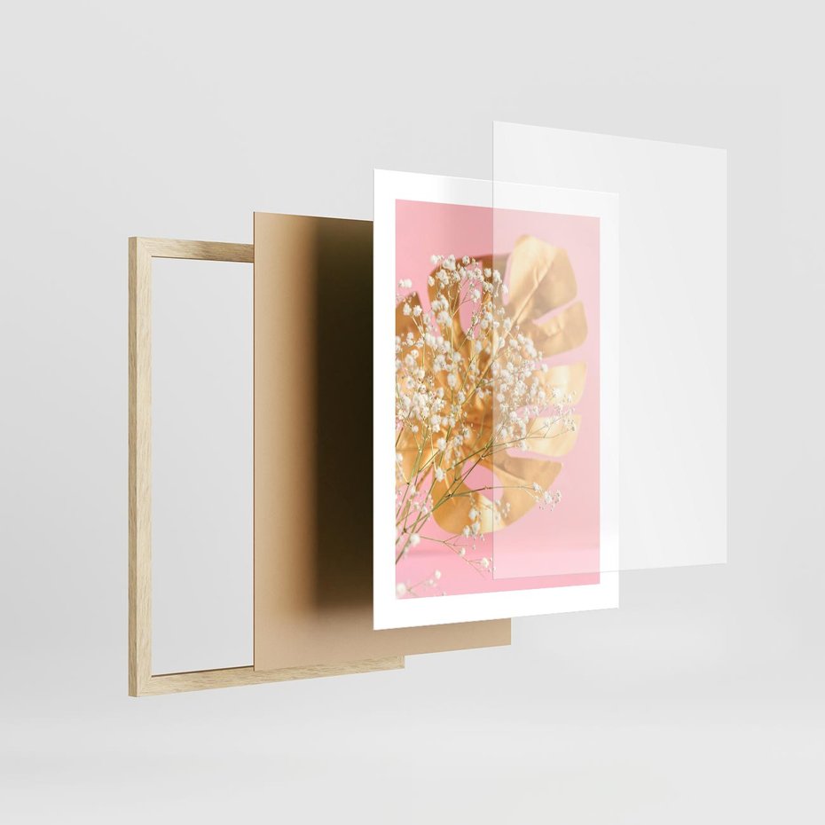 Plakat w ramie 30x40 - : Elegancja w Złocie - złote, liście - rama drewno