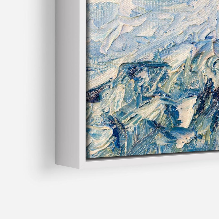 Obraz w ramie 50x50 - Majestat Błękitnych Szczytów - olejny obraz, górski pejzaż - rama biała