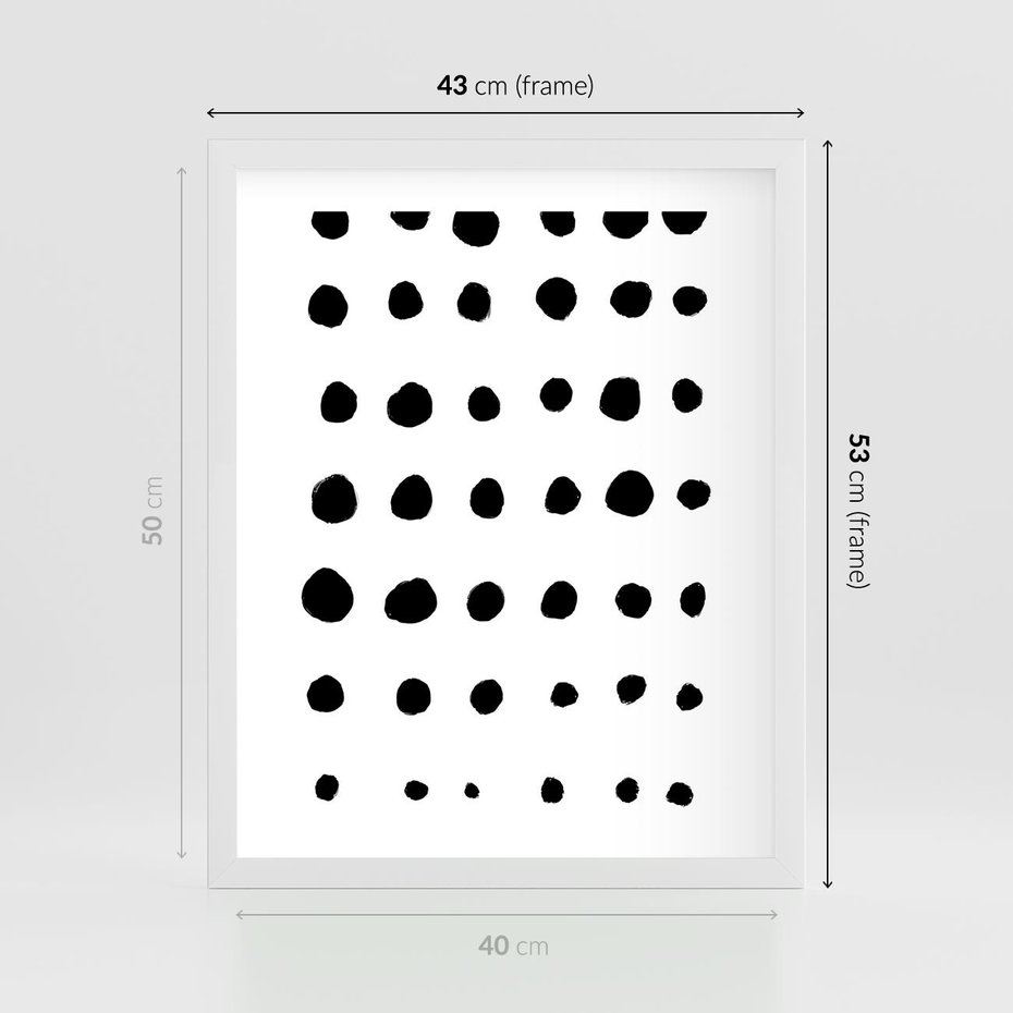 Plakat w ramie 40x50 - Migocące Anomalie - abstrakcyjna kompozycja z czarnych kropek, minimalistyczny czarno bialy plakat - rama biała