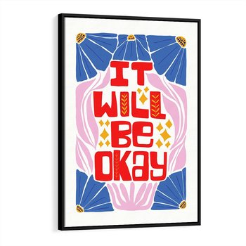 Obraz w ramie 70x100 - Kwiatowa Ekstaza - czerwona pozytywna typografia, kwiatowa kompozycja - rama czarna