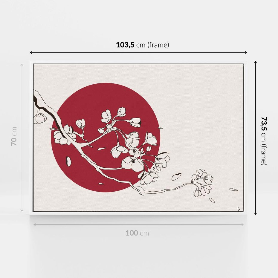 Obraz w ramie 100x70 - Esencja Zen - kwiatnąca wiśnia, orientalna grafika - rama biała