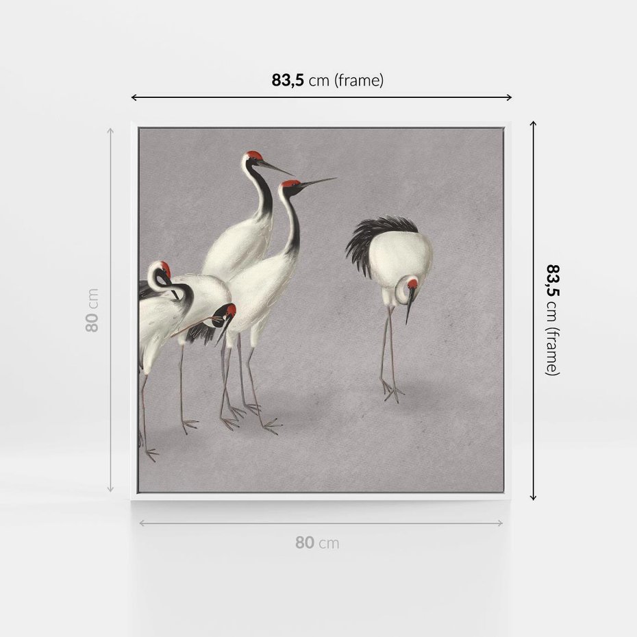 Obraz w ramie 80x80 - Spojrzenie wstecz w pędzlu - szkic rysunek, japońskie żurawie - rama biała