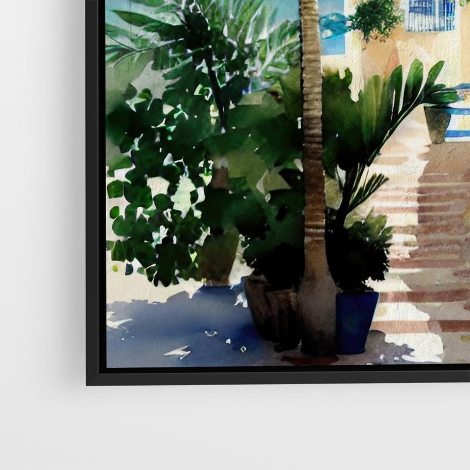 Obraz w ramie 50x50 - Spokój Miasta nad Morzem - akwarela, sródziemnomorski klimat - rama czarna