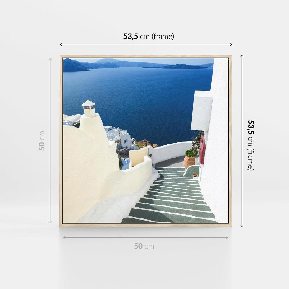 Obraz w ramie 50x50 - Malowniczy urok wyspy - Santorini, schodki - rama drewno