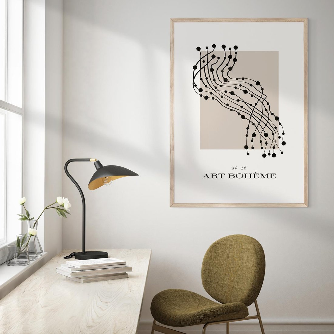 Plakat w ramie 50x70 - Migocące Konstrukcje Abstrakcji - sztuka minimalizmu, biało czarna rycina - rama drewno