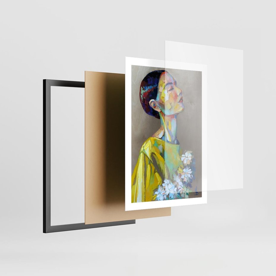 Plakat w ramie 50x70 - W Żółtej Sukience - olejny abstrakcyjny obraz, portret kobiety w żółtej sukience - rama czarna