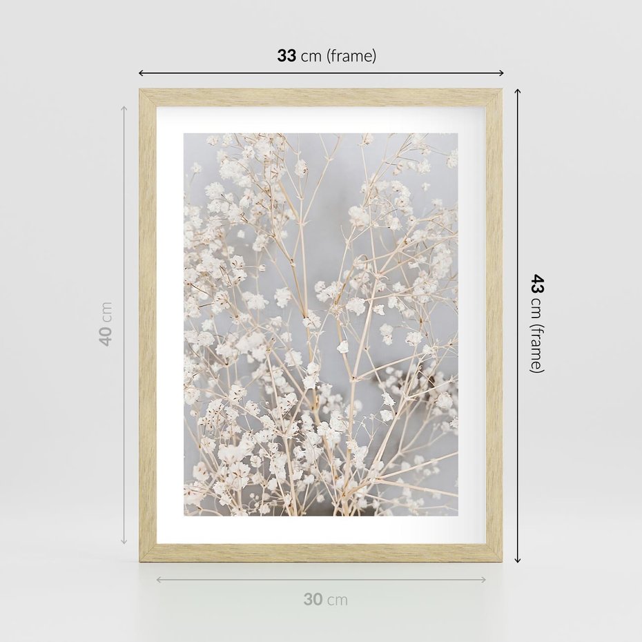Plakat w ramie 30x40 - Białe Drobne Kwiaty - gipsówka, białe drobne kwiatki - rama drewno