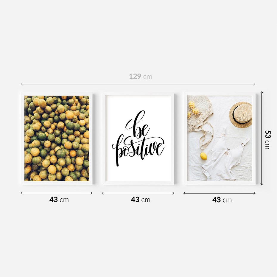 Zestaw obrazy w ramie 40x50 galeria - Cytryny, optymizm, typografia, napis - rama biała