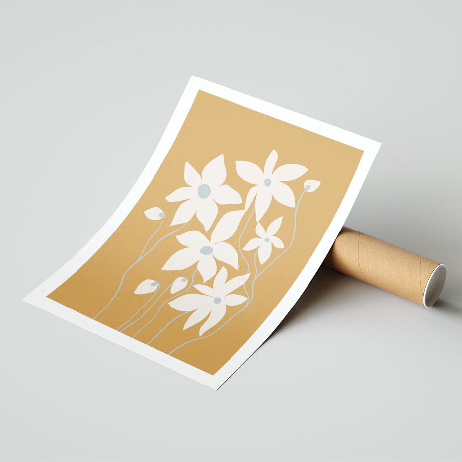 Plakat bez ramy 40x50 - Kwiatowy Spektakl - minimalistyczne kwiaty, na pomarańczowym tle