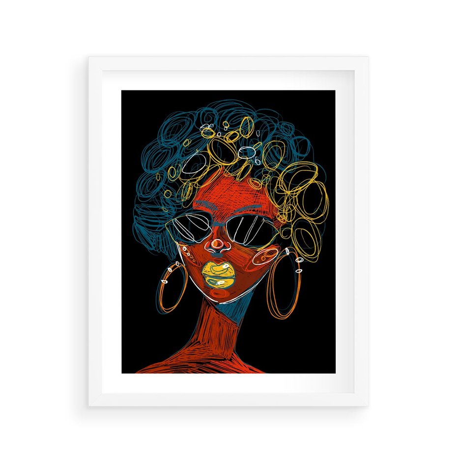 Plakat w ramie 40x50 - Kolorowe Wibracje Rzeczywistości - abstrakcyjny portret kobiety, twarz - rama biała