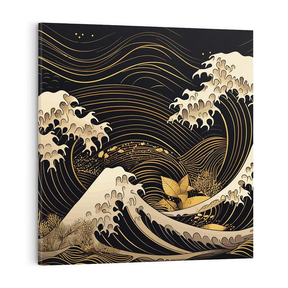 Obraz na płótnie 80x80 - Złote Piękno - ciemny obraz, fala morska