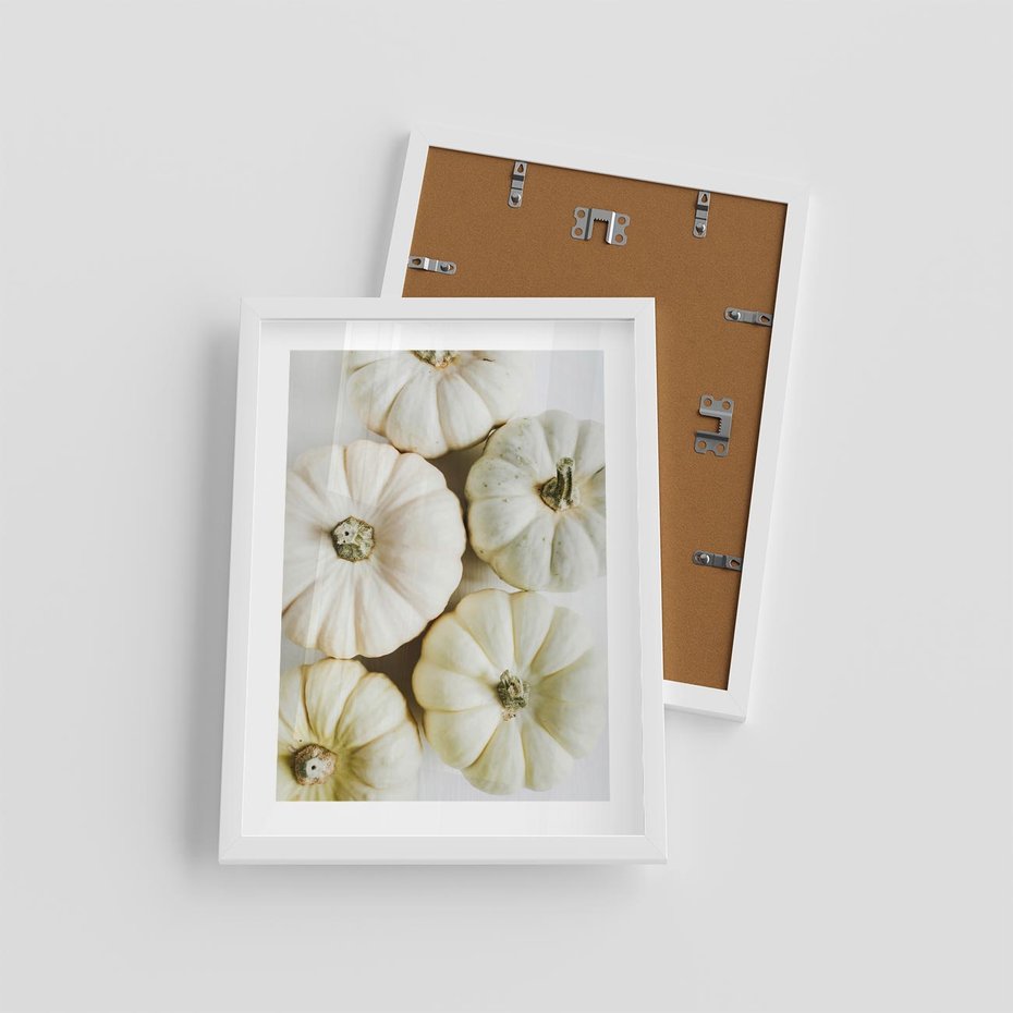 Plakat w ramie 30x40 - Jesienne Dynie: Delikatna Kompozycja - białe dynie, jasna kompozycja - rama biała