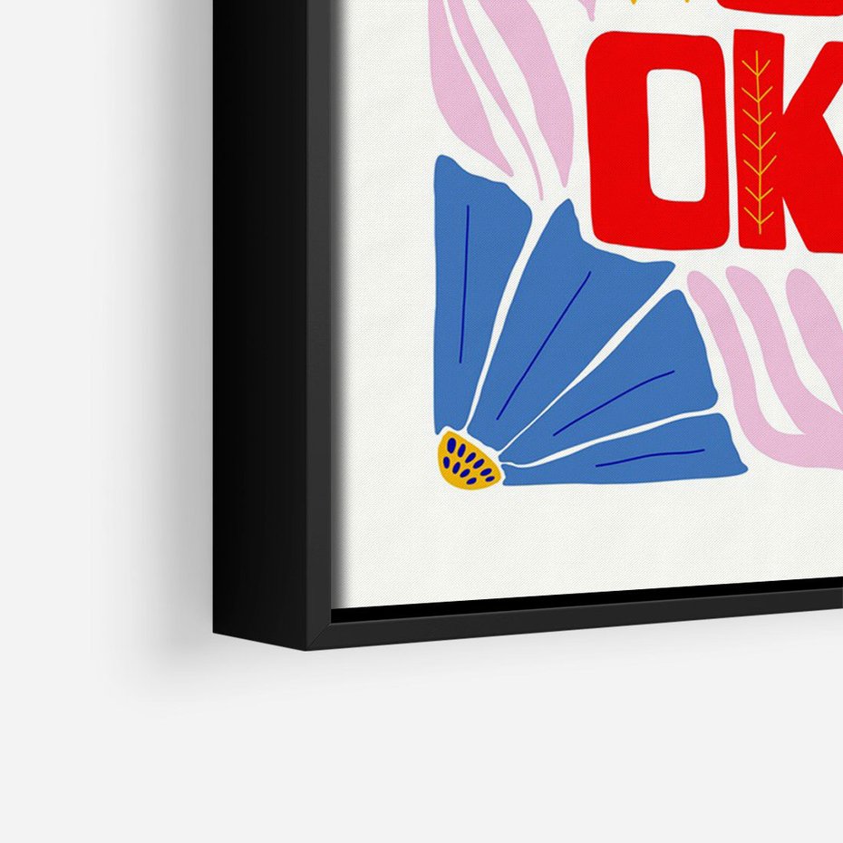 Obraz w ramie 70x100 - Kwiatowa Ekstaza - czerwona pozytywna typografia, kwiatowa kompozycja - rama czarna