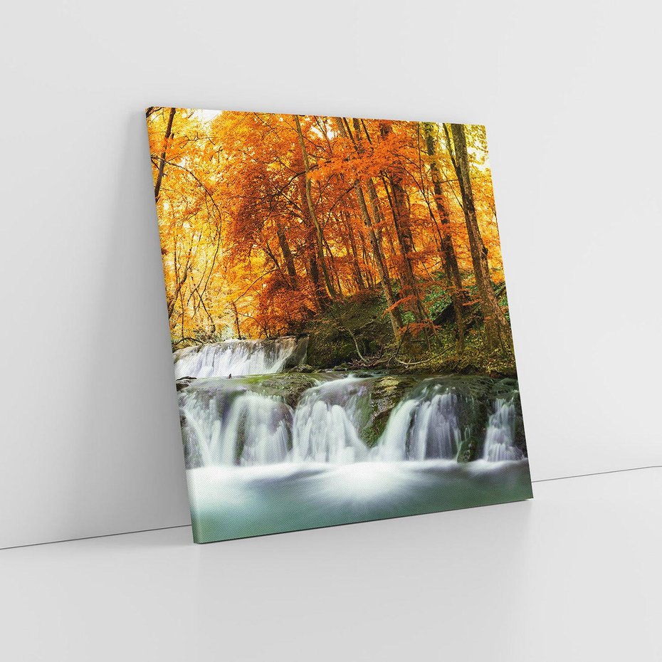 Obraz na płótnie 80x80 - Jesienny wodospad w lesie - jesień, wodospad