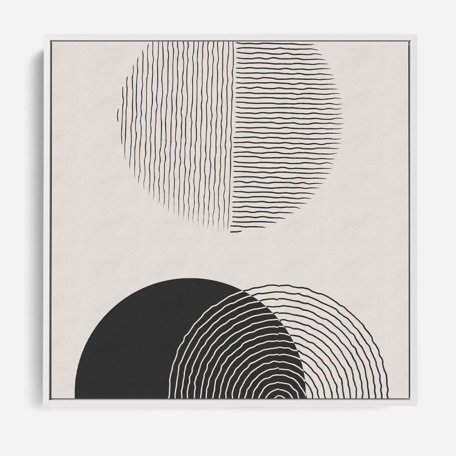 Obraz w ramie 50x50 - Przenikająca Rzeczywistość - abstrakcyjna kompozycja, okręgi i półokręgi - rama biała