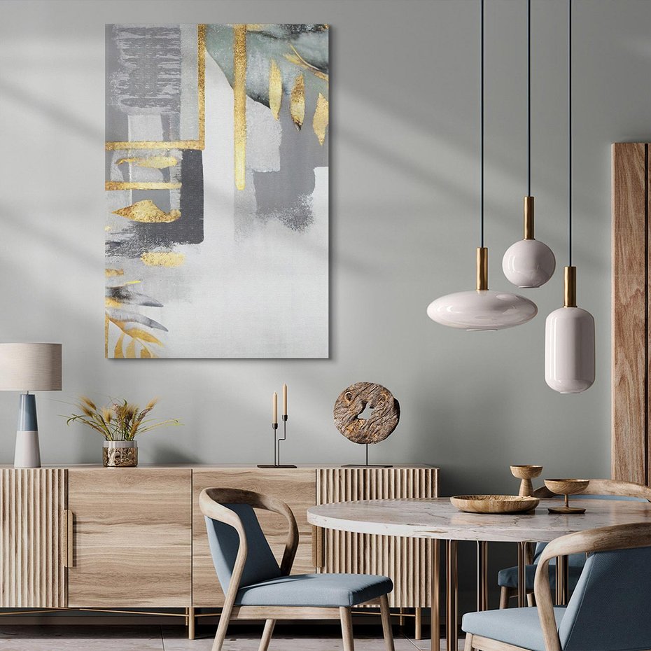 Obraz na płótnie 80x120 - Złote Palmy w Stylu Modern - geometryczne złote linie, szare tło