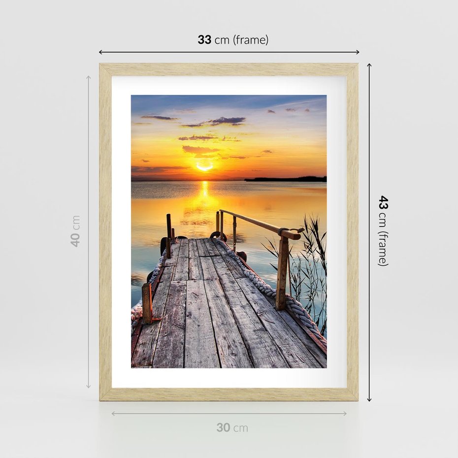 Plakat w ramie 30x40 - Zachód nad jeziorem z pomostem - pomost, jezioro - rama drewno