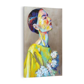 Obraz na płótnie 80x120 - W Żółtej Sukience - olejny abstrakcyjny obraz, portret kobiety w żółtej sukience
