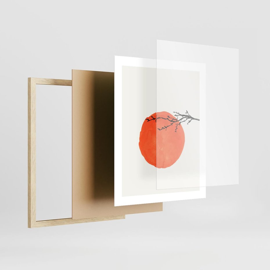 Plakat w ramie 40x50 - Słońce i Gałązka - pomarańczowe słońce, gałązka - rama drewno