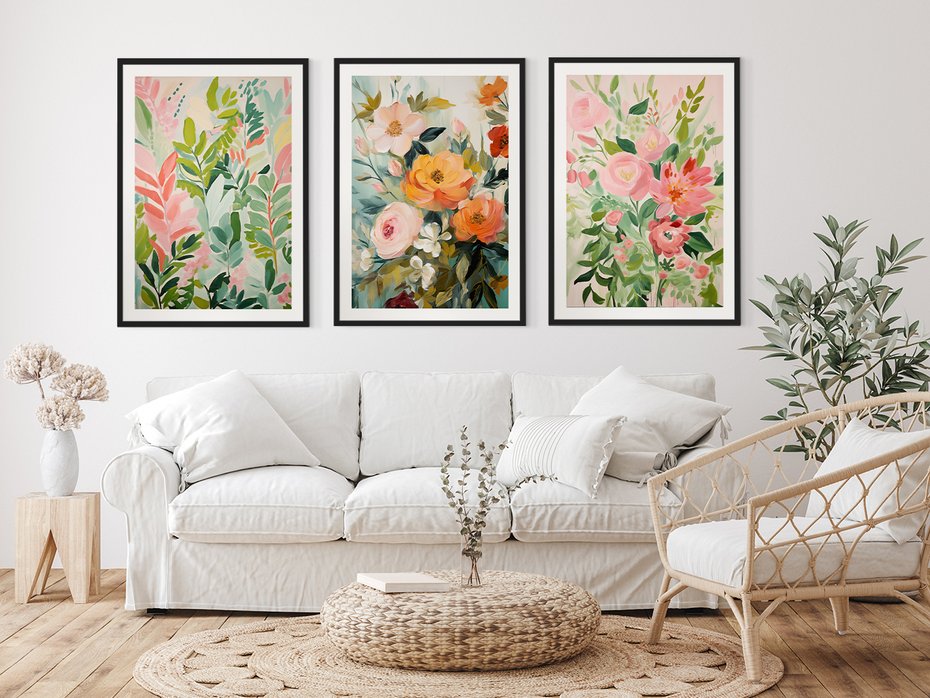 Zestaw obrazy w ramie 40x50 galeria - kwiaty, akwarela, pastele, liście - rama czarna