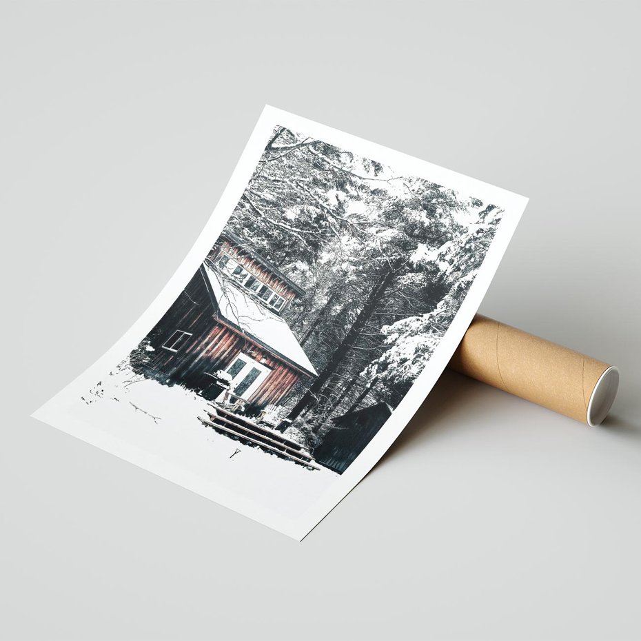 Plakat bez ramy 21x30 - Zimowy Urok Drewnianego Domku - zima, drewniany domek