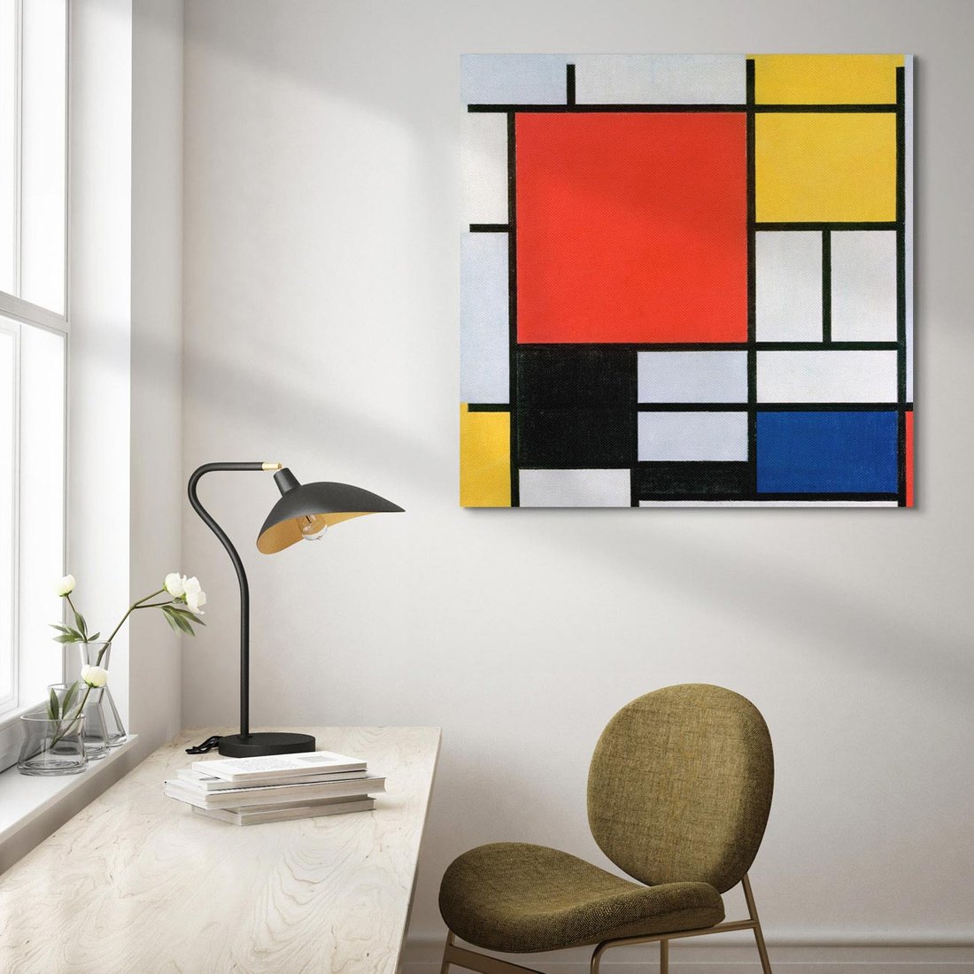 Obraz na płótnie 50x50 - "Composition with Red, Yellow, Blue, and Black" (1921), Piet Mondrian - Reprodukcja - reprodukcja, obraz na płótnie