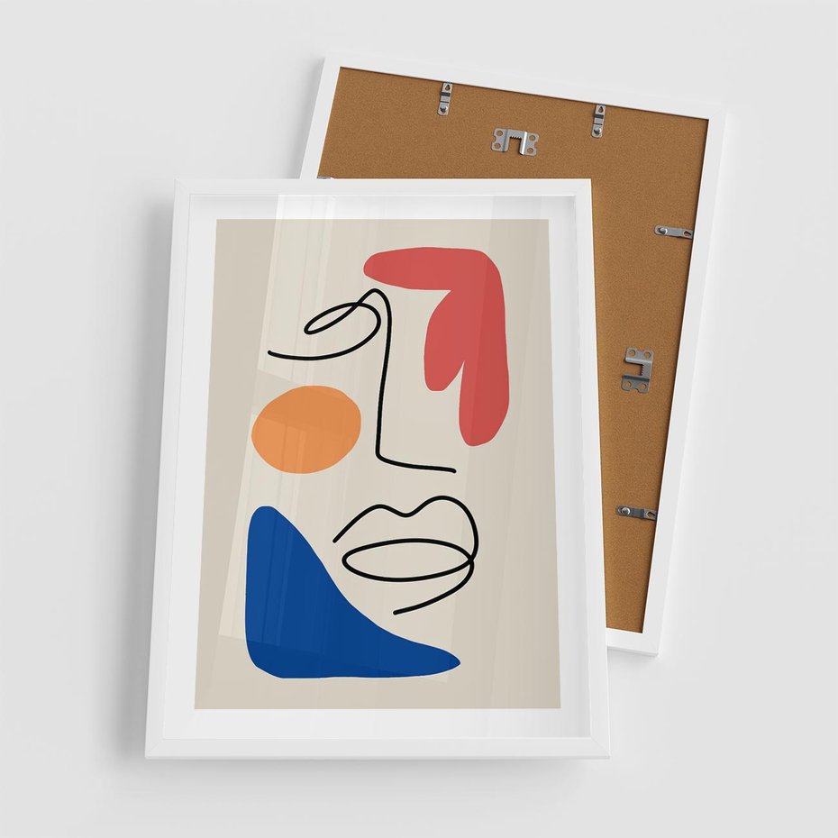 Plakat w ramie 50x70 - Rozbijające Granice Kształtów - abstrakcyjny obraz, przypomina twarz - rama biała