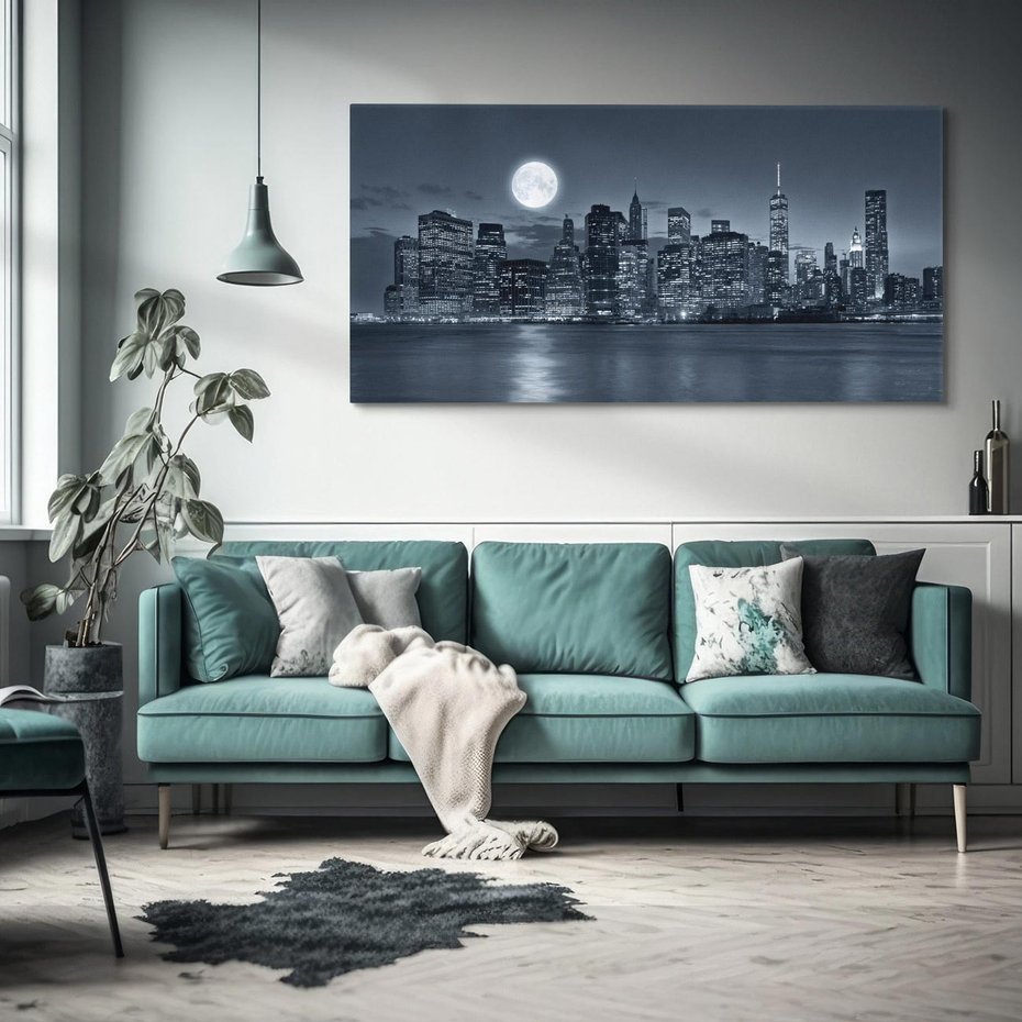 Obraz na płótnie 120x60 - Księżyc nad miastem nocą - księżyc, miasto