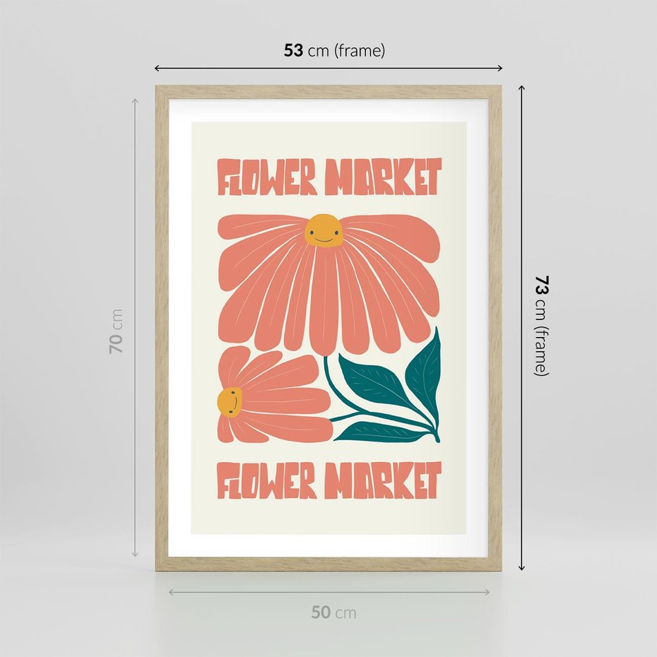 Plakat w ramie 50x70 - Retro Radość - typografia, wesołe kwiaty - rama drewno
