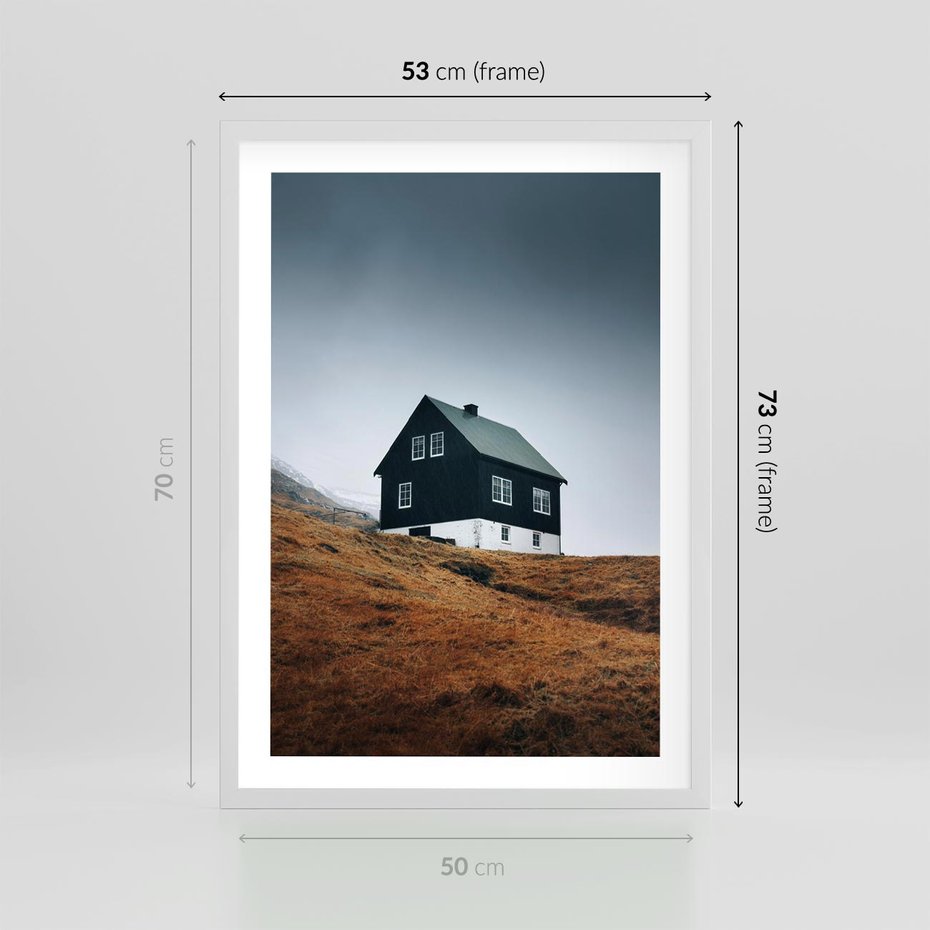 Plakat w ramie 50x70 - Ciepło i Przytulność - skandynawski, domek - rama biała