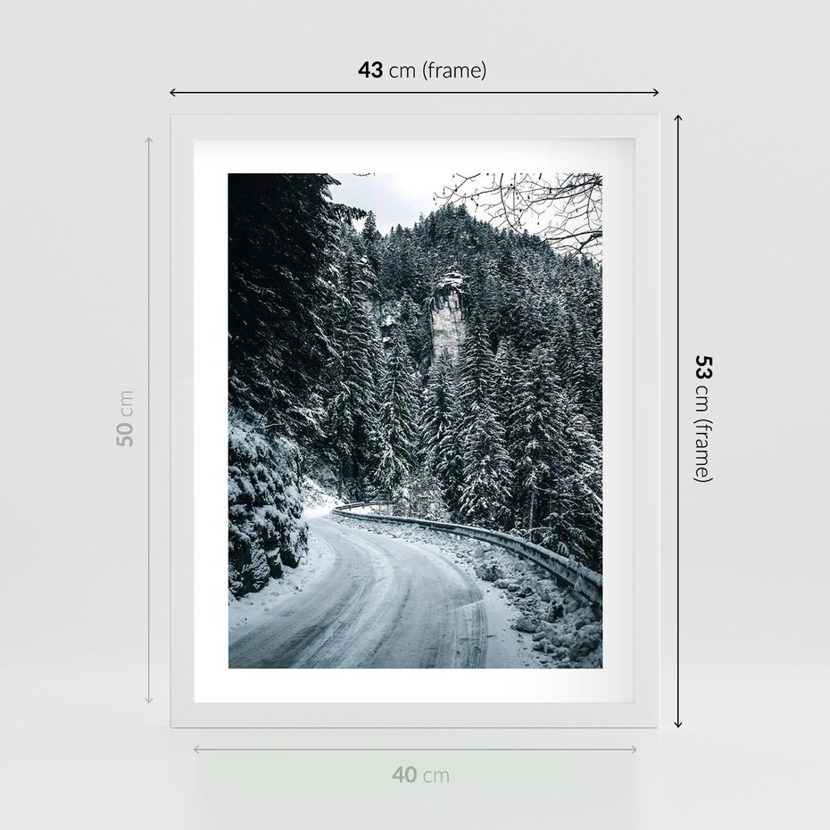 Plakat w ramie 40x50 - Zimowa Przygoda - zima w górach, droga - rama biała