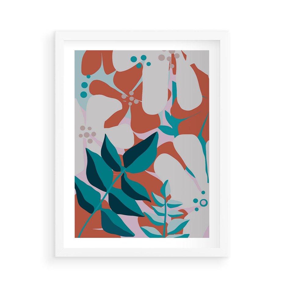 Plakat w ramie 50x70 - Harmonijne Formy - abstrakcyjna kompozycja kwiatowych form, kolor zgaszone - rama biała