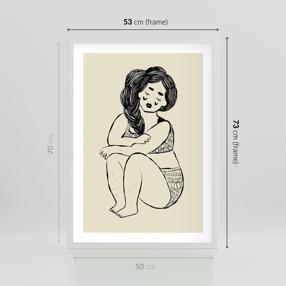 Plakat w ramie 50x70 - Migotliwe Refleksje - nowoczesny minimalistyczny rysunek, dziewczyna w bieliźnie - rama biała