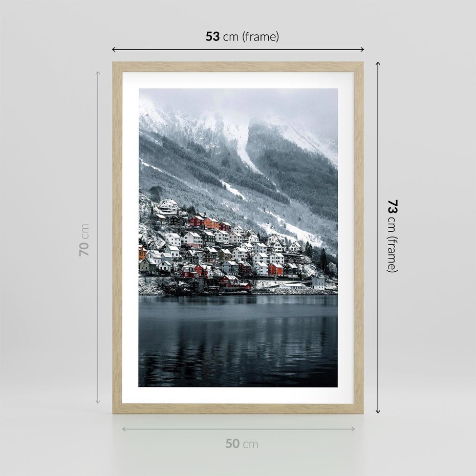 Plakat w ramie 50x70 - Skandynawia na Wzgórzach - domki na wzgórzu, skandynawia - rama drewno