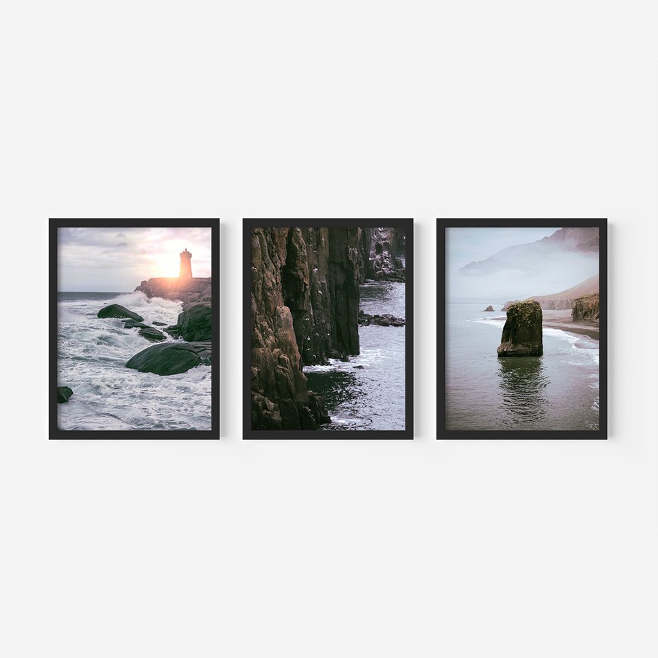 Zestaw obrazy w ramie 50x70 galeria - Morze, fale, latarnia, morska, zachód - rama czarna