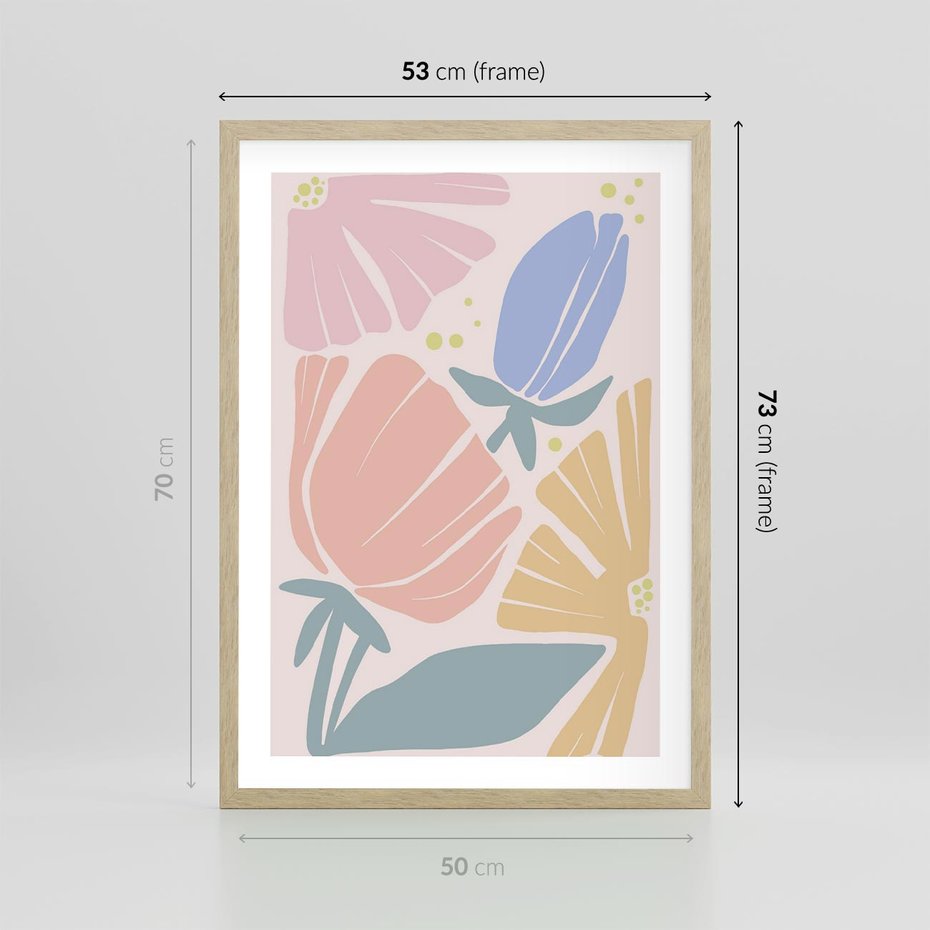Plakat w ramie 50x70 - Rozkwitające Harmonie Natury - pastelowe kwiaty, na beżowym tle - rama drewno