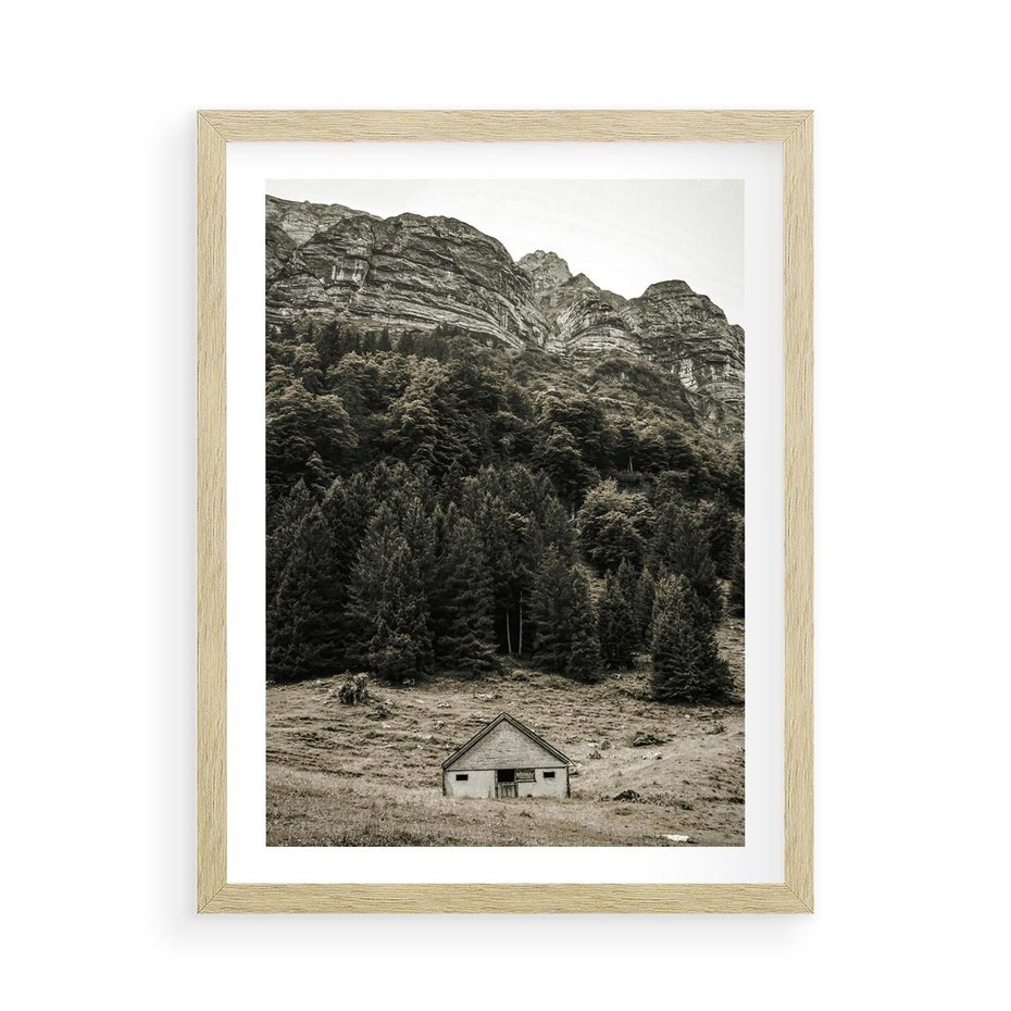 Plakat w ramie 50x70 - Dom w Odcieniach Natury - domek w górach, góry - rama drewno