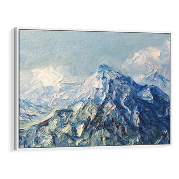 Obraz w ramie 120x80 - Majestat Błękitnych Szczytów - olejny obraz, górski pejzaż - rama biała