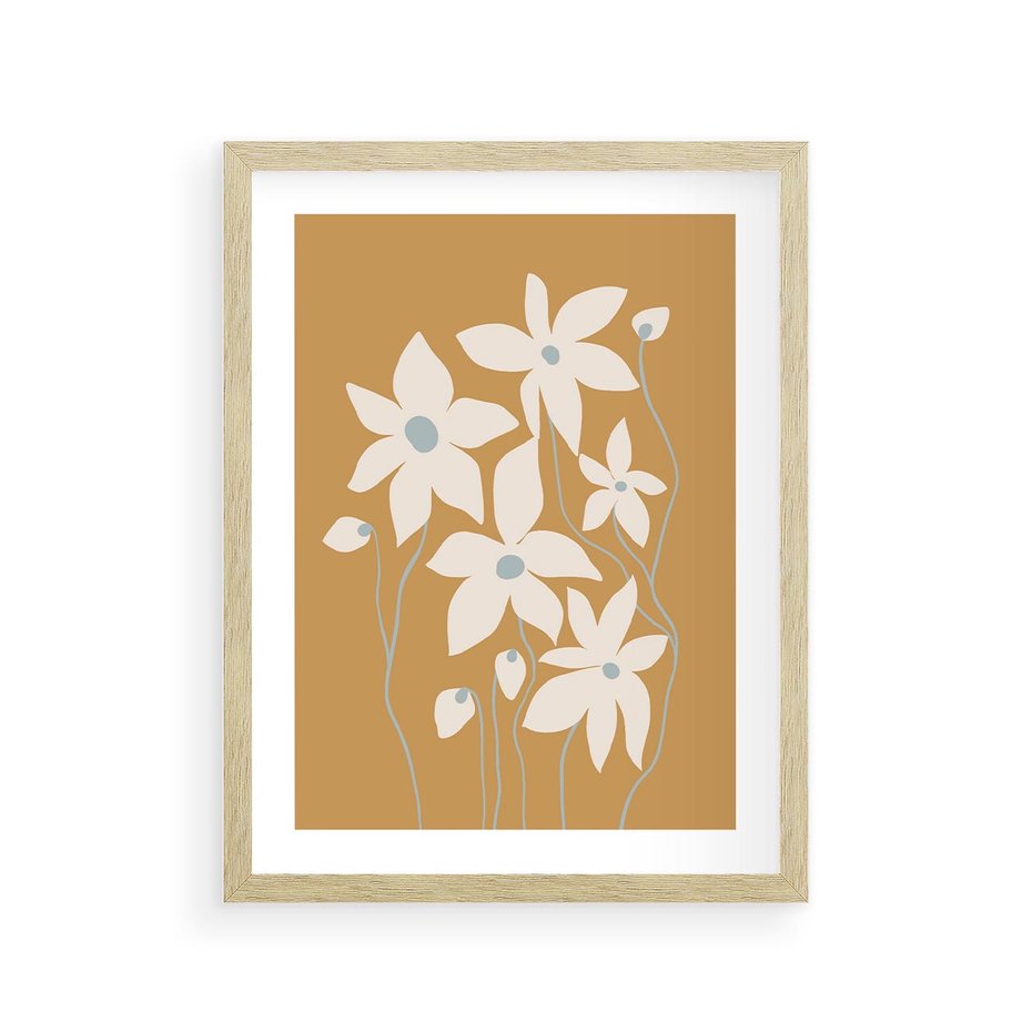 Plakat w ramie 30x40 - Kwiatowy Spektakl - minimalistyczne kwiaty, na pomarańczowym tle - rama drewno