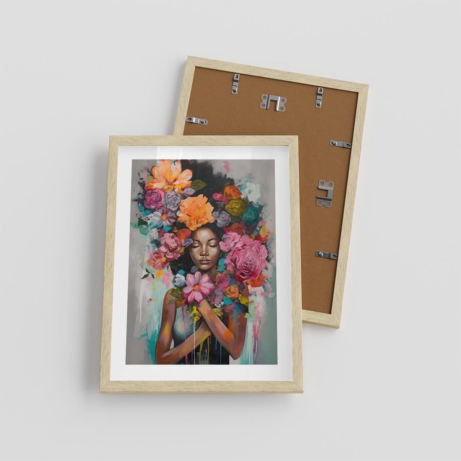 Plakat w ramie 30x40 - Z Głową w Kwiatach - obraz olejny, sztuka nowoczesna - rama drewno