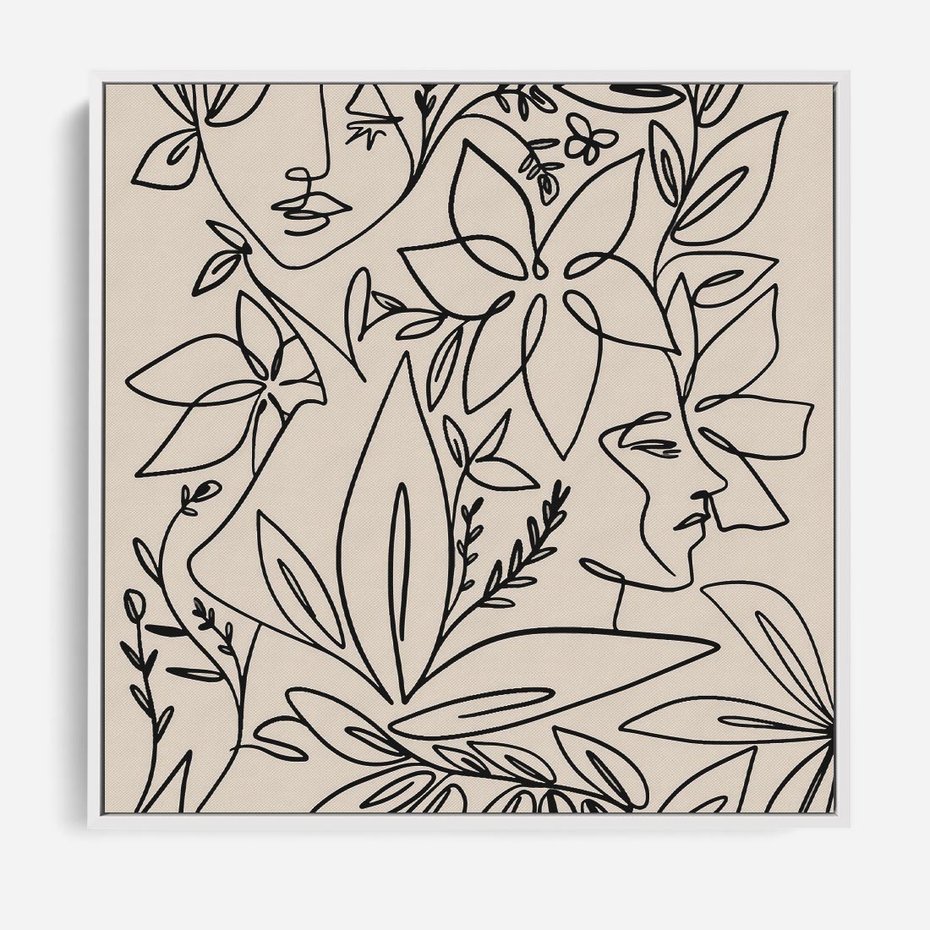 Obraz w ramie 50x50 - Kobiecy Portret Duszy - beżowe tło, czarny szkic nowoczesnych kwiatów - rama biała