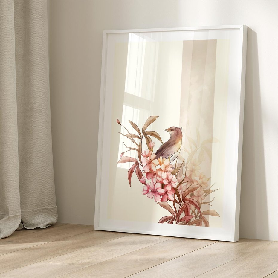 Plakat w ramie 50x70 - Kwiatowe Zanurzenie - japońska sztuka, ptak - rama biała
