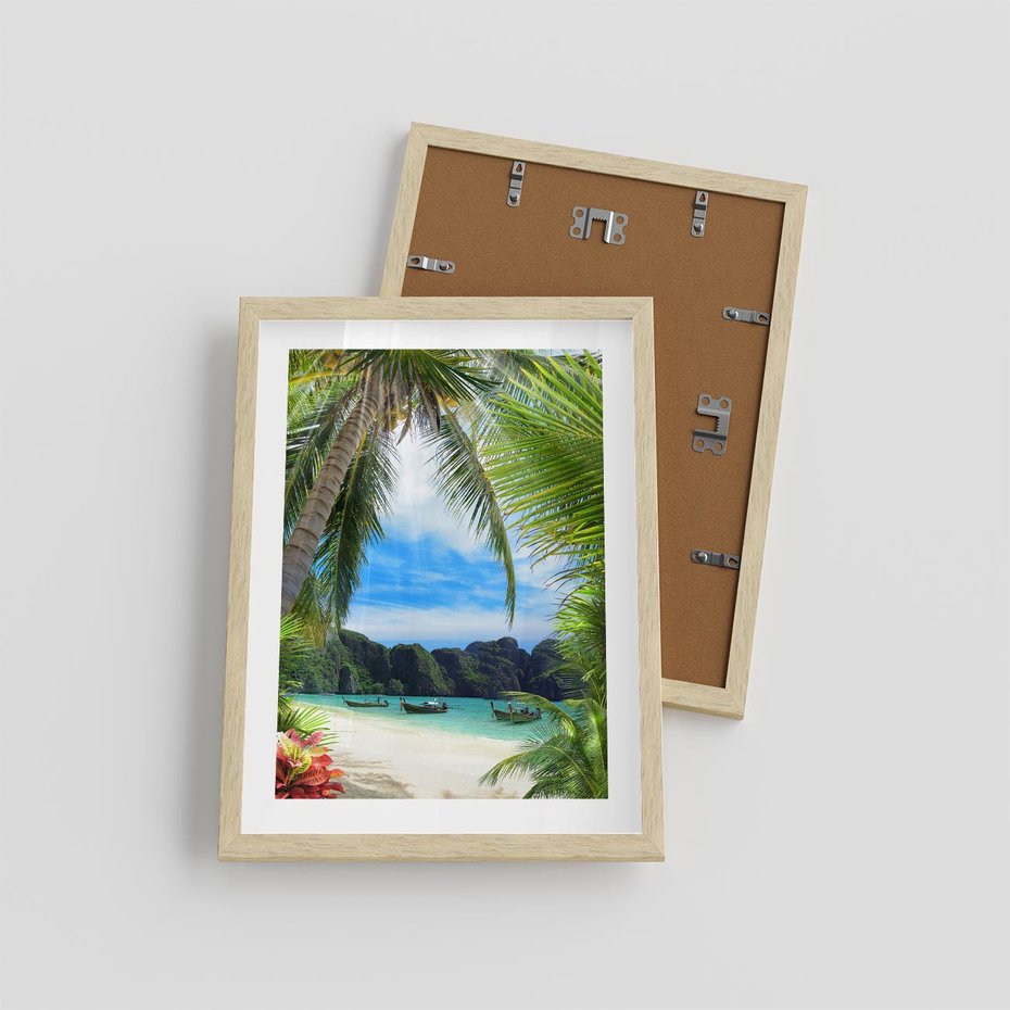 Plakat w ramie 30x40 - Palmy tańczące na tropikalnej plaży - palmy, plaża - rama drewno