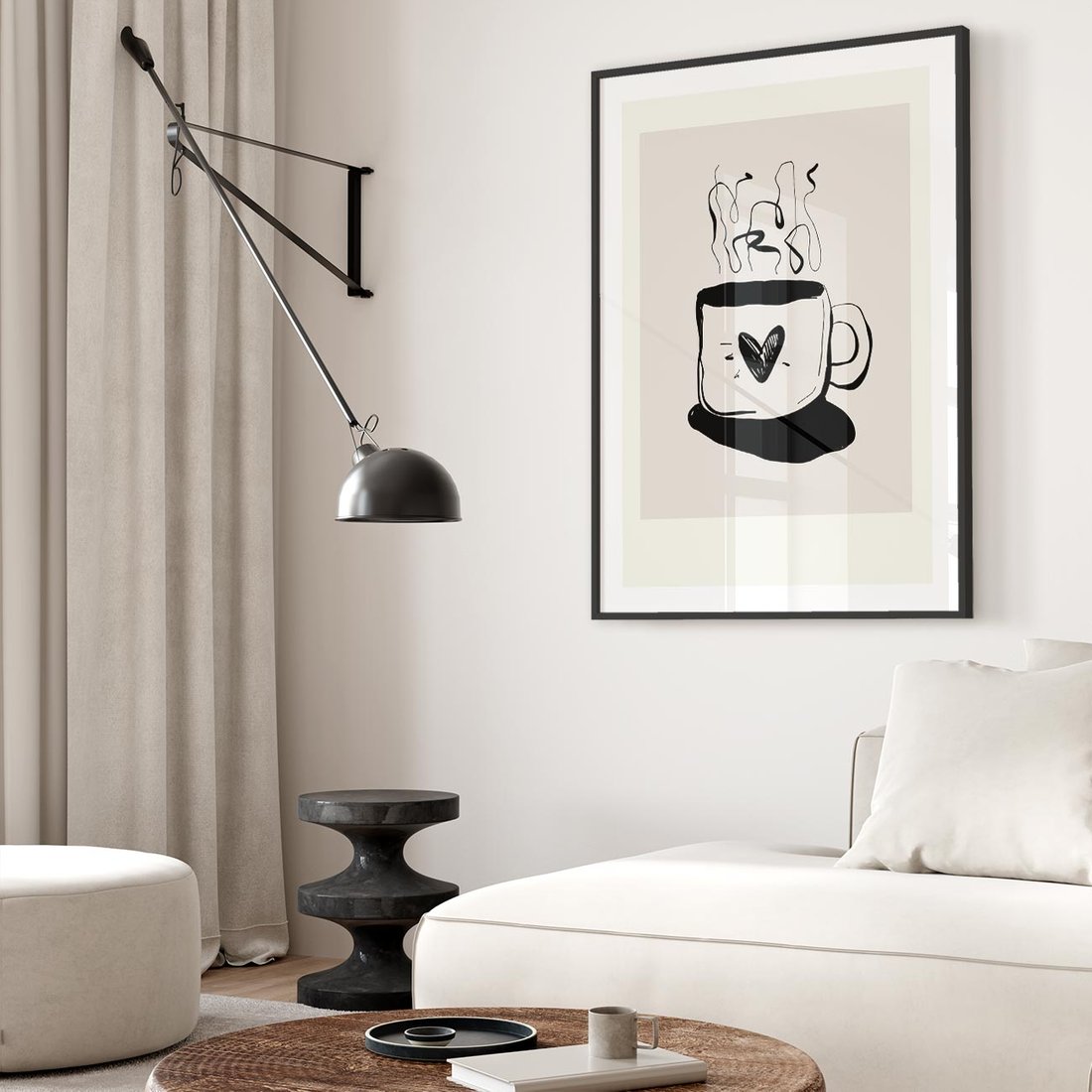 Plakat w ramie 50x70 - Grafika Kubka w Czerni i Bieli - kubek, grafika - rama czarna