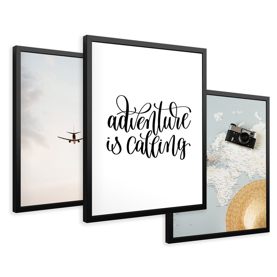 Zestaw obrazy w ramie 40x50 galeria - Podróż, wakacje, samolot, typografia - rama czarna