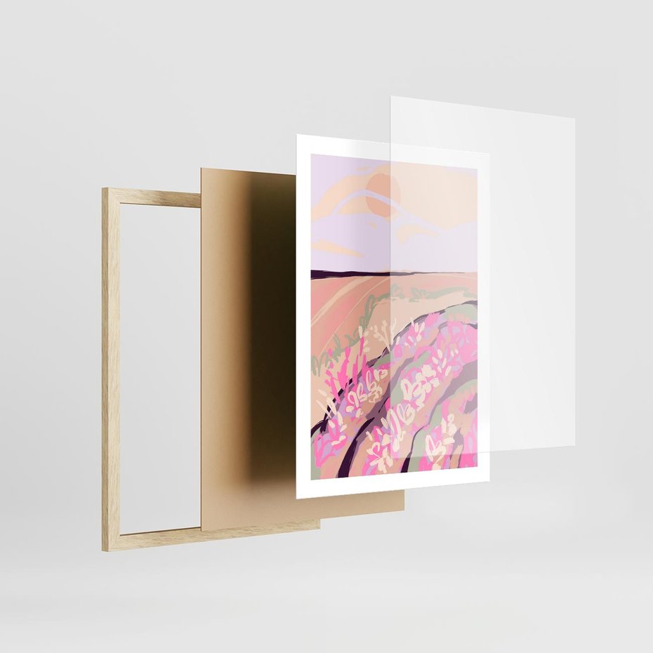 Plakat w ramie 50x70 - Harmonijny Świt - pastelowy krajobraz, nowoczesny plakat - rama drewno